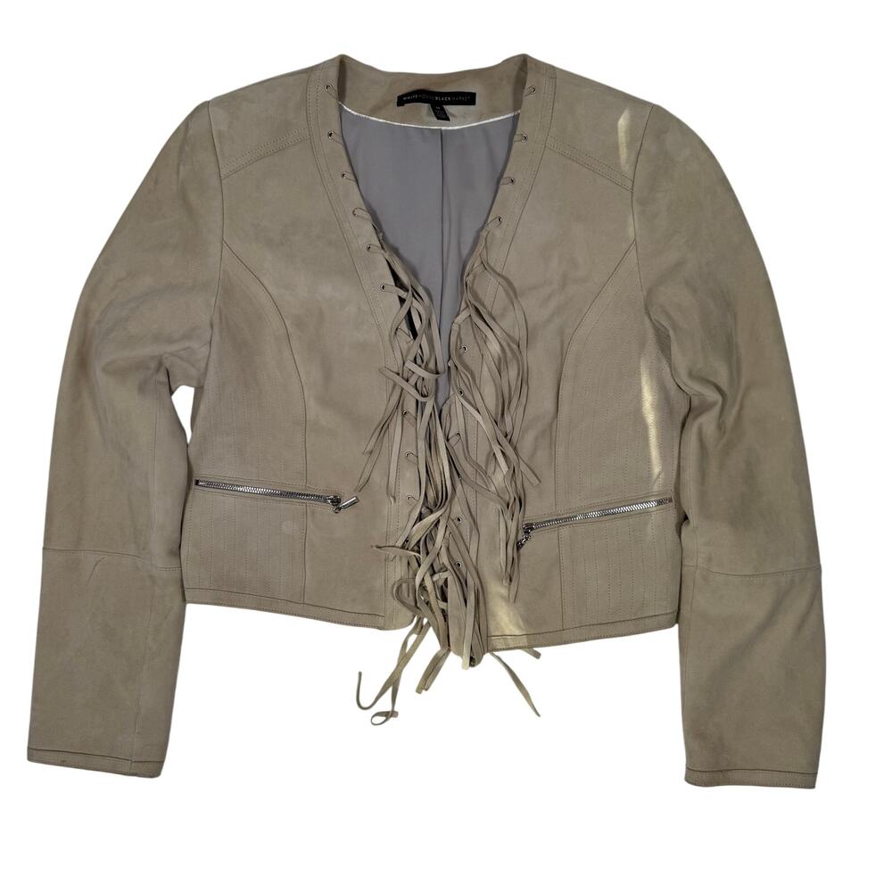 White House Black Market Fringe Leather Jacket Women’s Medium Beige Western Boho